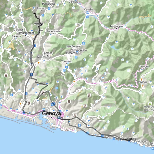 Mapa miniatúra "Cyklistická trasa cez kopce a dedinky od Bogliasca" cyklistická inšpirácia v Liguria, Italy. Vygenerované cyklistickým plánovačom trás Tarmacs.app