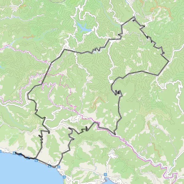 Miniaturní mapa "Road Route through Pieve Ligure and Monte Croce dei Fò" inspirace pro cyklisty v oblasti Liguria, Italy. Vytvořeno pomocí plánovače tras Tarmacs.app