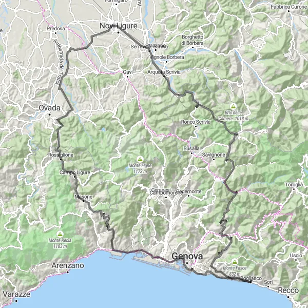 Mapa miniatúra "Jazda na bicykli okolo Genovy" cyklistická inšpirácia v Liguria, Italy. Vygenerované cyklistickým plánovačom trás Tarmacs.app