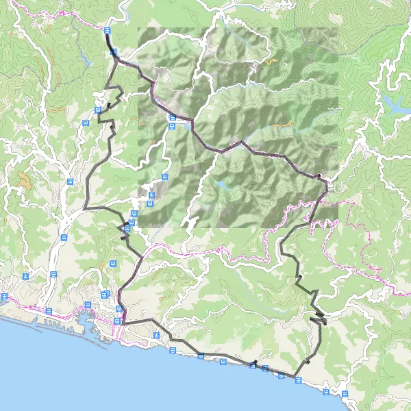 Kartminiatyr av "Vägcykling till Monte Santa Croce" cykelinspiration i Liguria, Italy. Genererad av Tarmacs.app cykelruttplanerare