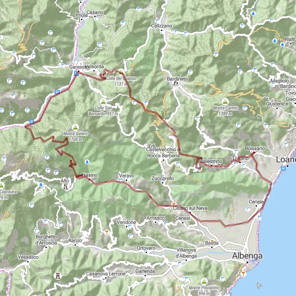 Miniature de la carte de l'inspiration cycliste "Circuit de vélo de montagne du Monte Piccaro" dans la Liguria, Italy. Générée par le planificateur d'itinéraire cycliste Tarmacs.app