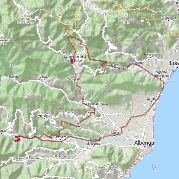 Miniatuurkaart van de fietsinspiratie "Gravelroute van Boissano naar Monte Piccaro" in Liguria, Italy. Gemaakt door de Tarmacs.app fietsrouteplanner