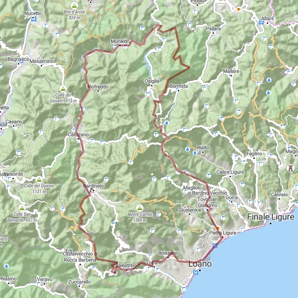 Map miniature of "Off-the-Beaten-Path Gravel Circuit" cycling inspiration in Liguria, Italy. Generated by Tarmacs.app cycling route planner