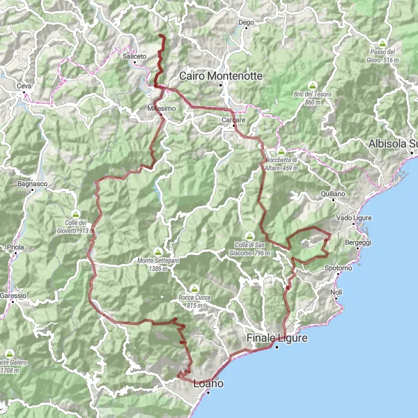 Miniatura della mappa di ispirazione al ciclismo "Monti dell'entroterra Ligure Gravel Tour" nella regione di Liguria, Italy. Generata da Tarmacs.app, pianificatore di rotte ciclistiche