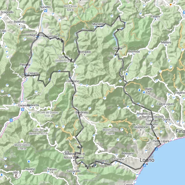 Miniature de la carte de l'inspiration cycliste "Echappée belle dans l'arrière-pays de Ligurie" dans la Liguria, Italy. Générée par le planificateur d'itinéraire cycliste Tarmacs.app