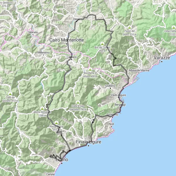 Miniatura mapy "Wyzwanie na Liguryjskich Wzniesieniach" - trasy rowerowej w Liguria, Italy. Wygenerowane przez planer tras rowerowych Tarmacs.app