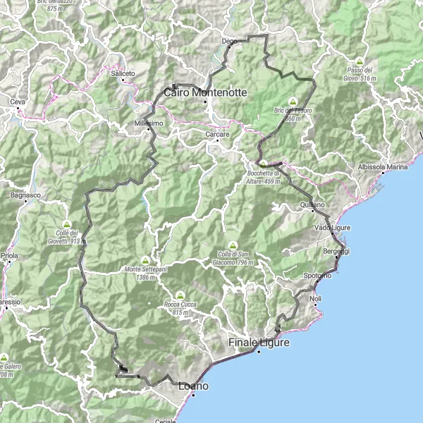 Miniature de la carte de l'inspiration cycliste "Le Tour des Sommets Ligures" dans la Liguria, Italy. Générée par le planificateur d'itinéraire cycliste Tarmacs.app