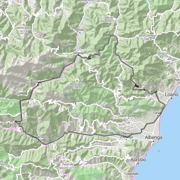 Map miniature of "Road Cycling to Boissano's Monte Piccaro and Beyond" cycling inspiration in Liguria, Italy. Generated by Tarmacs.app cycling route planner
