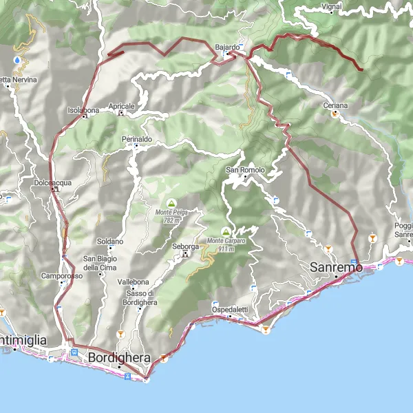 Miniatua del mapa de inspiración ciclista "Aventura en gravel hacia Punta Mucchio di Scaglie" en Liguria, Italy. Generado por Tarmacs.app planificador de rutas ciclistas