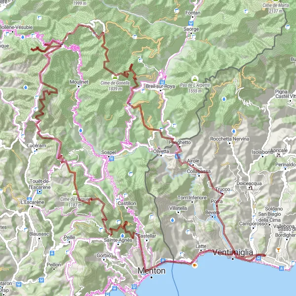 Miniaturní mapa "Cyklistická trasa Le Trabuquet - Bordighera" inspirace pro cyklisty v oblasti Liguria, Italy. Vytvořeno pomocí plánovače tras Tarmacs.app