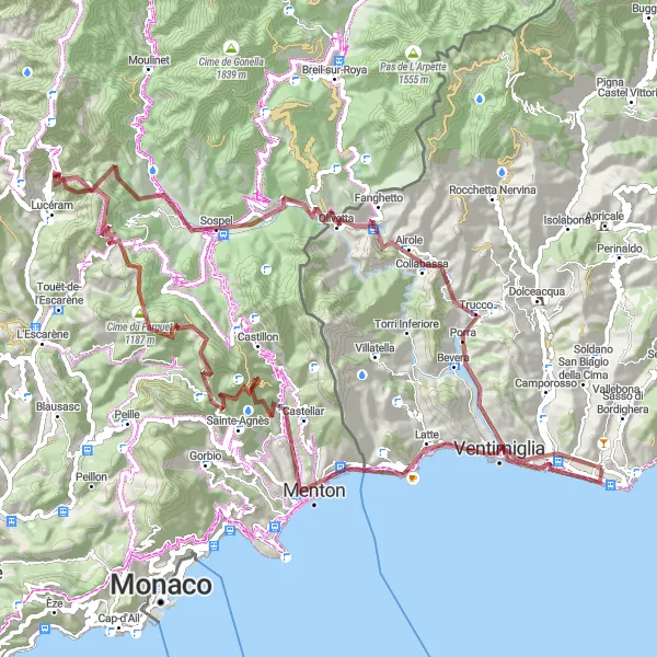 Map miniature of "Gravel Adventure: Ventimiglia to Passo della Pagliurà" cycling inspiration in Liguria, Italy. Generated by Tarmacs.app cycling route planner