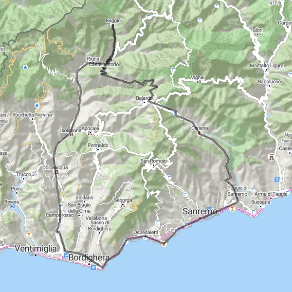 Miniaturní mapa "Road cyklistická trasa Dolceacqua - Bordighera" inspirace pro cyklisty v oblasti Liguria, Italy. Vytvořeno pomocí plánovače tras Tarmacs.app