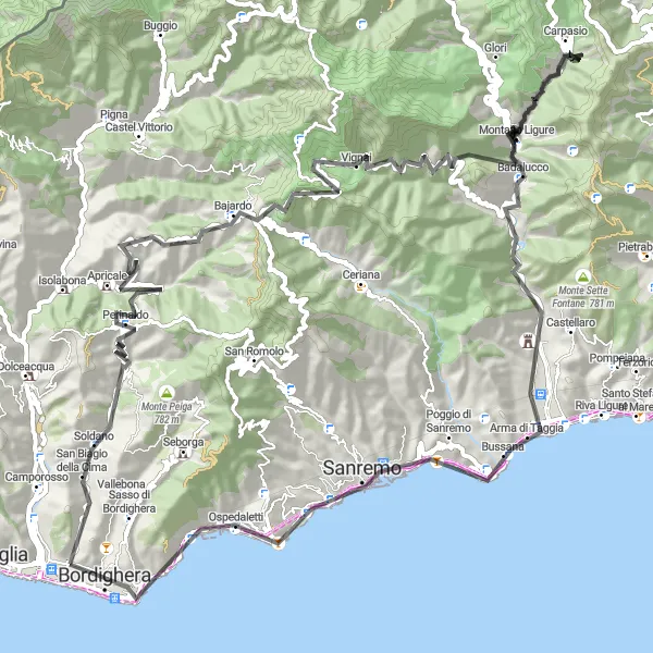 Miniatura mapy "Trasa szosowa z San Biagio della Cima do Bordighera" - trasy rowerowej w Liguria, Italy. Wygenerowane przez planer tras rowerowych Tarmacs.app