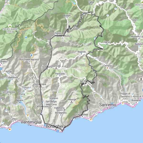Miniaturní mapa "Cyklistická cesta medzi pobrežím a horami" inspirace pro cyklisty v oblasti Liguria, Italy. Vytvořeno pomocí plánovače tras Tarmacs.app