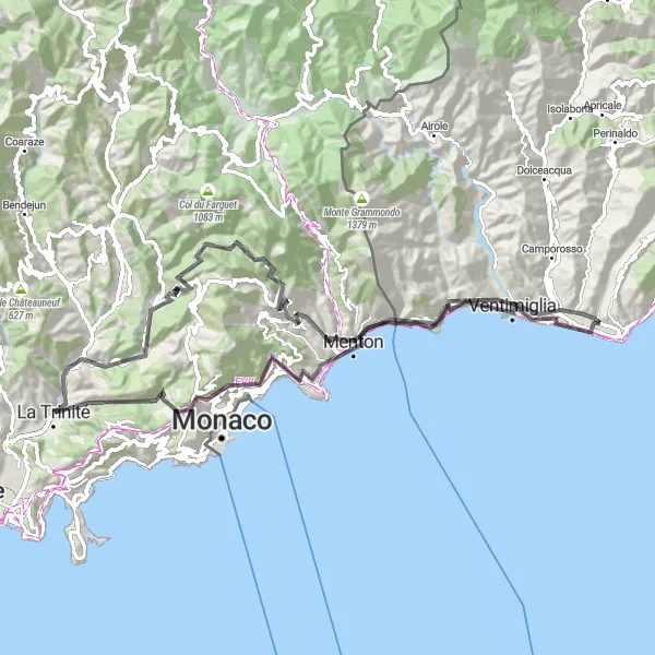 Miniatura della mappa di ispirazione al ciclismo "Ciclismo su Strada da Bordighera a Menton" nella regione di Liguria, Italy. Generata da Tarmacs.app, pianificatore di rotte ciclistiche