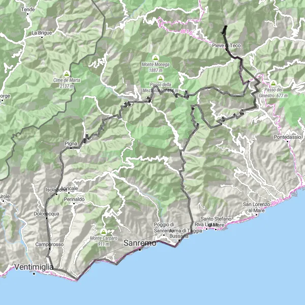 Miniatua del mapa de inspiración ciclista "Ruta de ciclismo de ida y vuelta desde Bordighera" en Liguria, Italy. Generado por Tarmacs.app planificador de rutas ciclistas