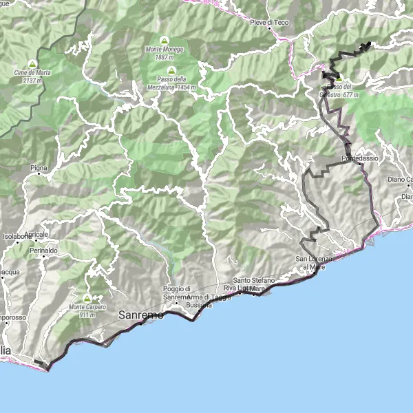 Map miniature of "Riding through Mountains and Valleys: Ospedaletti to Pontedassio" cycling inspiration in Liguria, Italy. Generated by Tarmacs.app cycling route planner