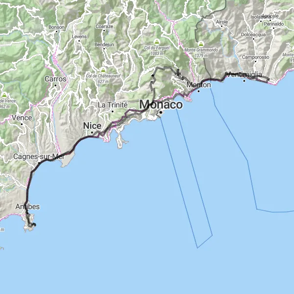 Miniatura della mappa di ispirazione al ciclismo "Costa Azzurra e Riviera dei Fiori" nella regione di Liguria, Italy. Generata da Tarmacs.app, pianificatore di rotte ciclistiche