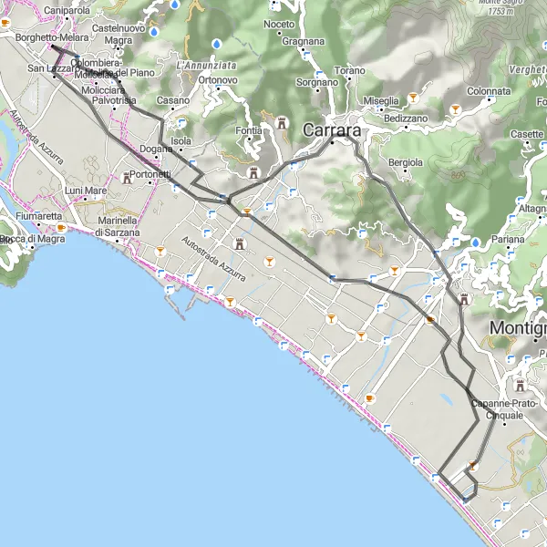 Miniature de la carte de l'inspiration cycliste "Itinéraire à travers Massa et Monte di Pasta" dans la Liguria, Italy. Générée par le planificateur d'itinéraire cycliste Tarmacs.app