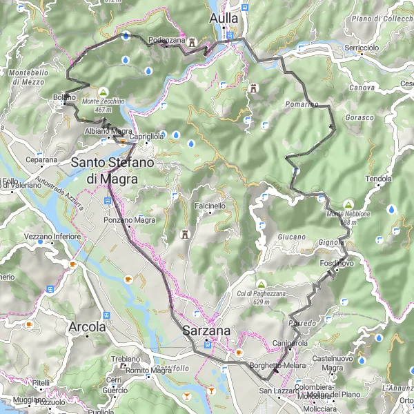 Zemljevid v pomanjšavi "Kolesarska pot od Borghetta-Melare do Caniparola" kolesarske inspiracije v Liguria, Italy. Generirano z načrtovalcem kolesarskih poti Tarmacs.app