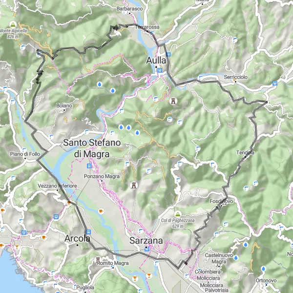 Kartminiatyr av "Cykeltur till Ponte di Arcola och Monte Nebbione" cykelinspiration i Liguria, Italy. Genererad av Tarmacs.app cykelruttplanerare