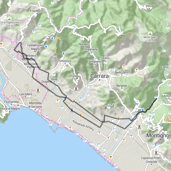 Miniatua del mapa de inspiración ciclista "Ruta de ciclismo de carretera a Borghetto-Melara" en Liguria, Italy. Generado por Tarmacs.app planificador de rutas ciclistas
