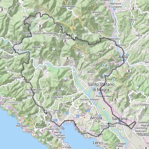Kartminiatyr av "Utmanande äventyr till Rocchetta di Vara" cykelinspiration i Liguria, Italy. Genererad av Tarmacs.app cykelruttplanerare