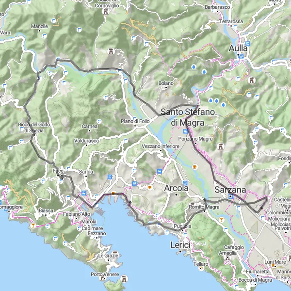 Miniature de la carte de l'inspiration cycliste "Excursion vers Muggiano et Riccò del Golfo di Spezia" dans la Liguria, Italy. Générée par le planificateur d'itinéraire cycliste Tarmacs.app