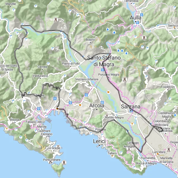 Karten-Miniaturansicht der Radinspiration "Rundweg Borghetto-Melara - Ceparana - San Lazzaro" in Liguria, Italy. Erstellt vom Tarmacs.app-Routenplaner für Radtouren