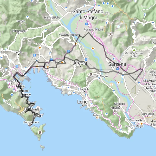 Miniature de la carte de l'inspiration cycliste "Boucle à travers Acquasanta et Porto Venere" dans la Liguria, Italy. Générée par le planificateur d'itinéraire cycliste Tarmacs.app