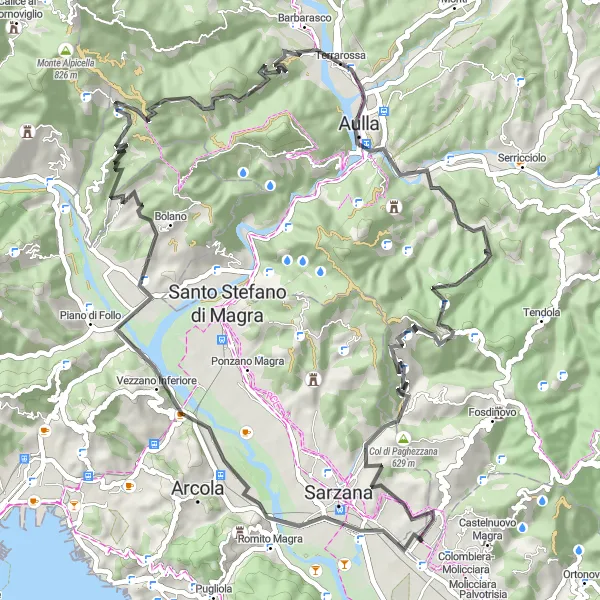 Kartminiatyr av "Färd mot Monte Misutetto och Col di Paghezzana" cykelinspiration i Liguria, Italy. Genererad av Tarmacs.app cykelruttplanerare