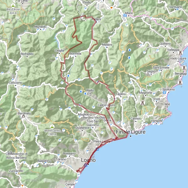Miniatura della mappa di ispirazione al ciclismo "Torre di Bastia e Bric Chioggia" nella regione di Liguria, Italy. Generata da Tarmacs.app, pianificatore di rotte ciclistiche