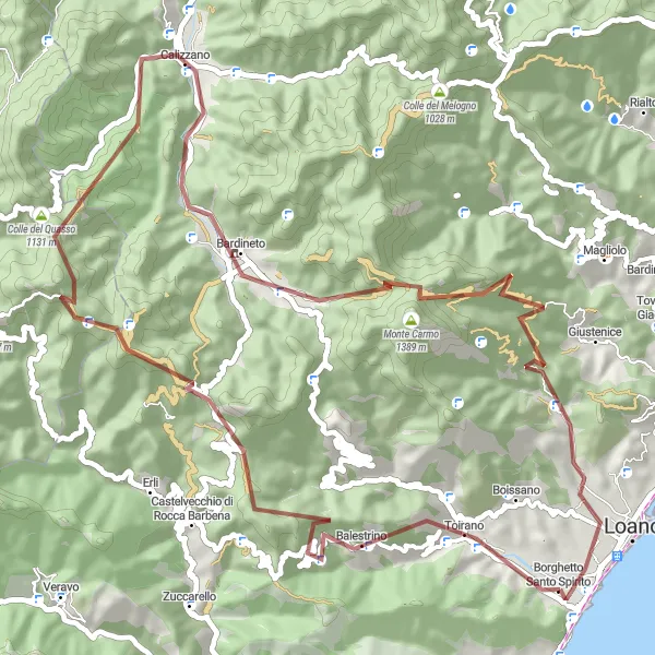 Karten-Miniaturansicht der Radinspiration "Gravel Erkundungstour nach Verzi und Monte Carmo" in Liguria, Italy. Erstellt vom Tarmacs.app-Routenplaner für Radtouren