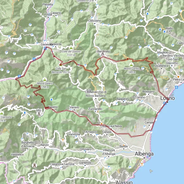 Miniature de la carte de l'inspiration cycliste "Aventure Gravel Ligurie Sud" dans la Liguria, Italy. Générée par le planificateur d'itinéraire cycliste Tarmacs.app
