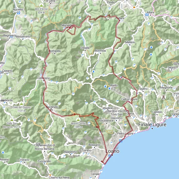 Map miniature of "Epic Gravel Adventure to Borghetto Santo Spirito" cycling inspiration in Liguria, Italy. Generated by Tarmacs.app cycling route planner
