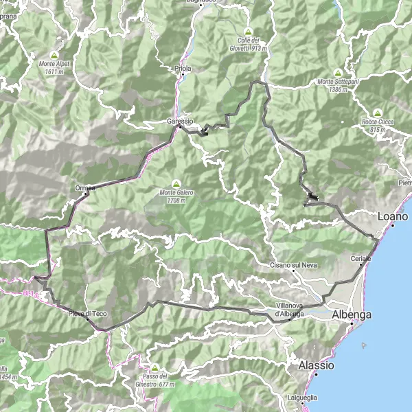 Miniatura della mappa di ispirazione al ciclismo "Bric Agrifoglio e Monte Maglione" nella regione di Liguria, Italy. Generata da Tarmacs.app, pianificatore di rotte ciclistiche