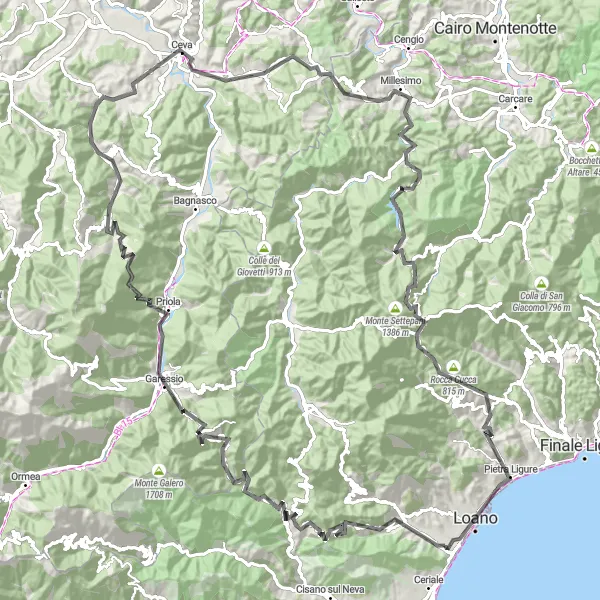 Miniature de la carte de l'inspiration cycliste "Exploration des Monts Ligures" dans la Liguria, Italy. Générée par le planificateur d'itinéraire cycliste Tarmacs.app