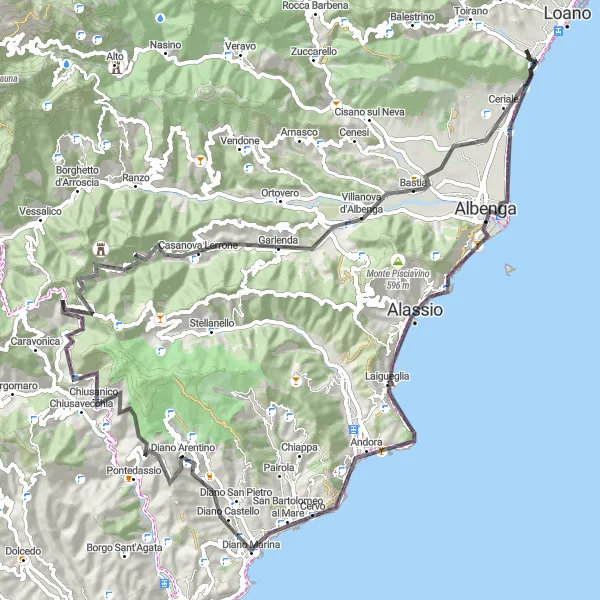 Map miniature of "Road Cycling Route to Borghetto Santo Spirito" cycling inspiration in Liguria, Italy. Generated by Tarmacs.app cycling route planner