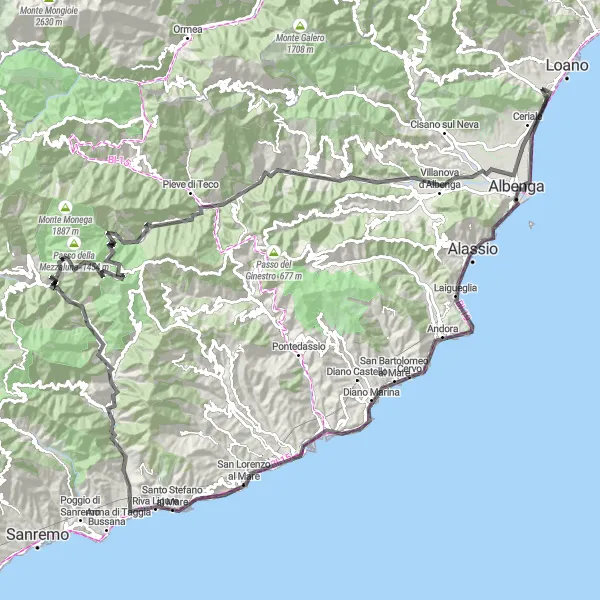 Miniature de la carte de l'inspiration cycliste "La Grande Boucle de Monte Piccaro" dans la Liguria, Italy. Générée par le planificateur d'itinéraire cycliste Tarmacs.app