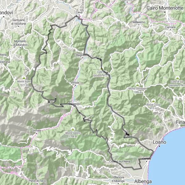 Map miniature of "Challenging Road Cycling Route" cycling inspiration in Liguria, Italy. Generated by Tarmacs.app cycling route planner