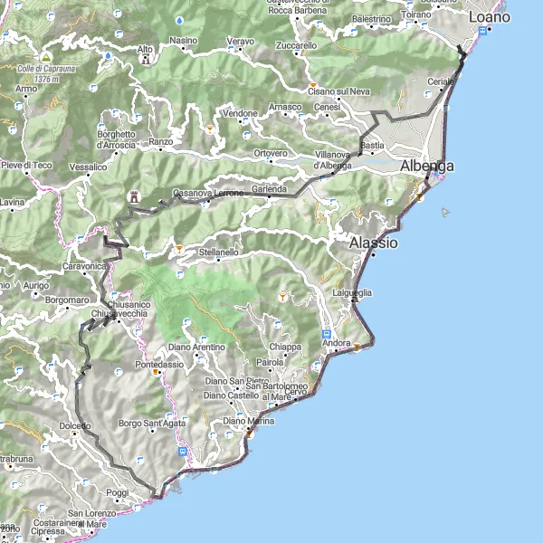 Map miniature of "Borghetto Santo Spirito to Monte Piccaro Loop" cycling inspiration in Liguria, Italy. Generated by Tarmacs.app cycling route planner