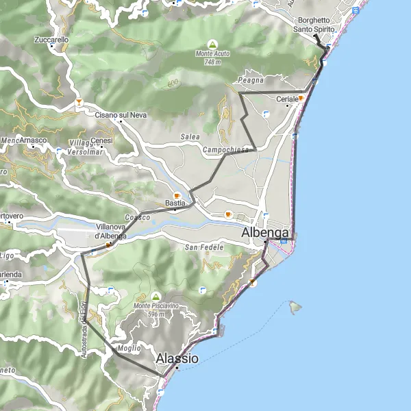 Map miniature of "Borghetto Santo Spirito to Albenga Loop" cycling inspiration in Liguria, Italy. Generated by Tarmacs.app cycling route planner