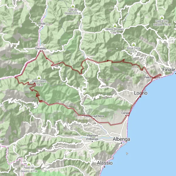 Karttaminiaatyyri "Hiekka Maastopyöräilyretki Borgiosta" pyöräilyinspiraatiosta alueella Liguria, Italy. Luotu Tarmacs.app pyöräilyreittisuunnittelijalla