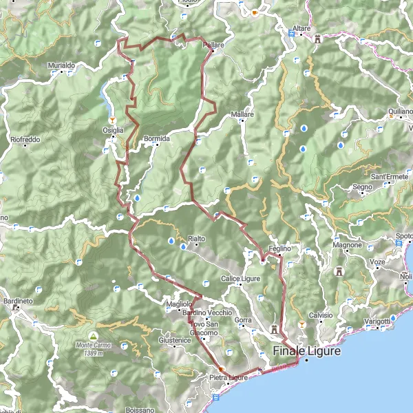 Karttaminiaatyyri "Seikkailua ja luonnonkauneutta gravel-pyöräilyllä" pyöräilyinspiraatiosta alueella Liguria, Italy. Luotu Tarmacs.app pyöräilyreittisuunnittelijalla