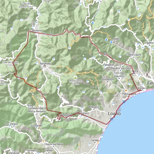 Map miniature of "Scenic Gravel Ride from Borgio" cycling inspiration in Liguria, Italy. Generated by Tarmacs.app cycling route planner