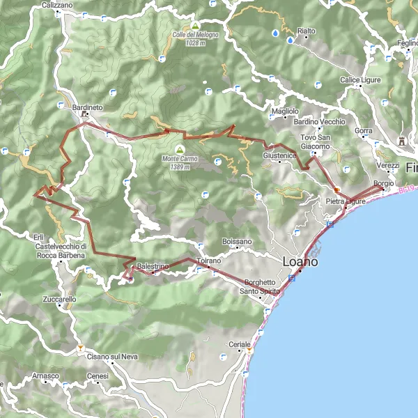Kartminiatyr av "Grusvägcykling runt Borgio" cykelinspiration i Liguria, Italy. Genererad av Tarmacs.app cykelruttplanerare