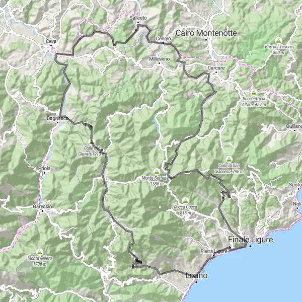 Zemljevid v pomanjšavi "Cestna proga: Borgio - Pietra Ligure - Poggio Dell'Arpe - Monte Maglione - Calizzano - Nucetto - Santa Lucia - Sale San Giovanni - Bric del Pedaggio - Cengio - Bric Nizzareto - Bormida - Bric Chioggia - Calice Ligure - Torre di Bastia - Borgio" kolesarske inspiracije v Liguria, Italy. Generirano z načrtovalcem kolesarskih poti Tarmacs.app