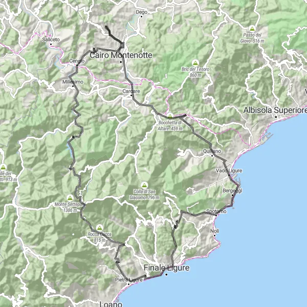 Miniatuurkaart van de fietsinspiratie "Borgio en de omliggende heuvels" in Liguria, Italy. Gemaakt door de Tarmacs.app fietsrouteplanner