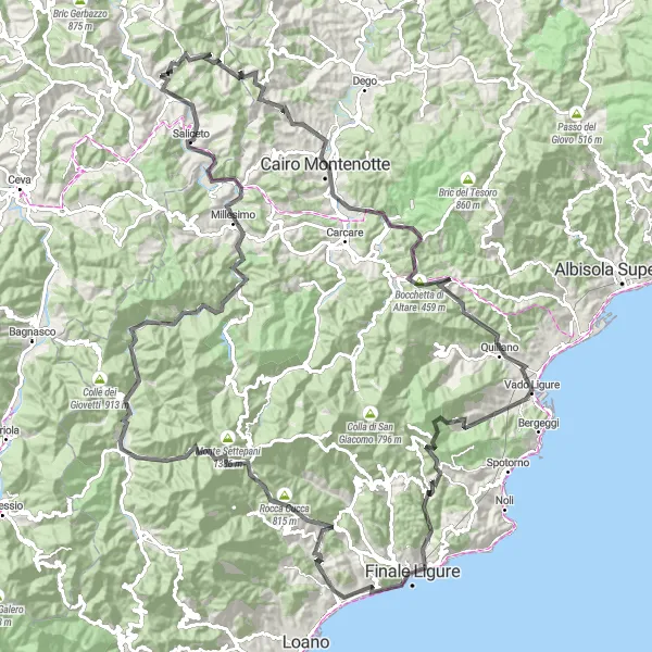 Zemljevid v pomanjšavi "Poglobljena cestna pot" kolesarske inspiracije v Liguria, Italy. Generirano z načrtovalcem kolesarskih poti Tarmacs.app