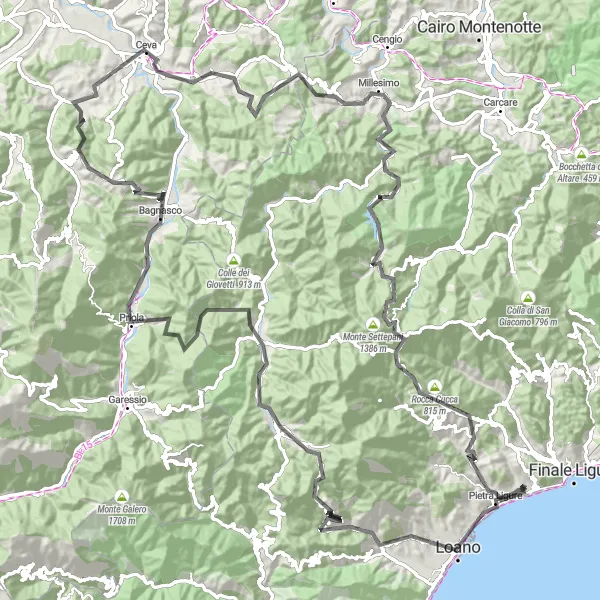 Karttaminiaatyyri "Vuorikiipeilyä ja maaseutumaisemia" pyöräilyinspiraatiosta alueella Liguria, Italy. Luotu Tarmacs.app pyöräilyreittisuunnittelijalla